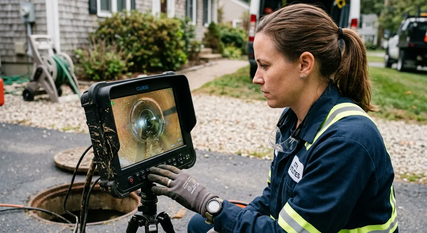 Technician reviewing sewer camera inspection footage in Galliano