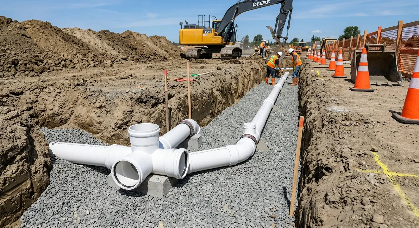 New PVC sewer pipe installation in open trench for Sewer Backup in Galliano