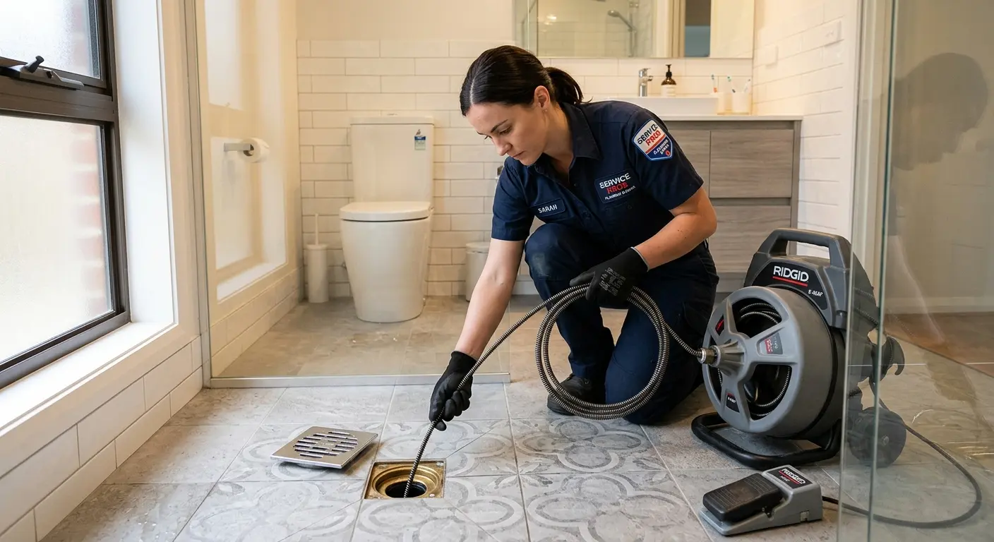 Technician clearing a bathroom floor drain for Drain Repair in Galliano